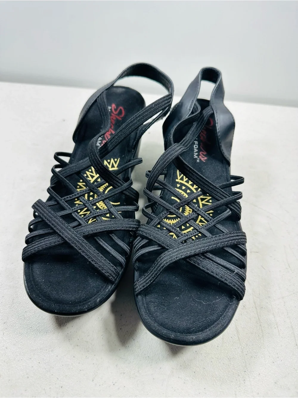 Skechers Sandals Womens 6 Parallel Crossed Wires Strappy Wedge Pump Black